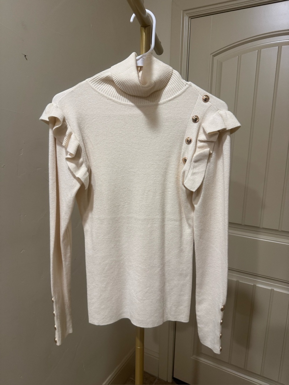 Women's Cream Turtleneck Sweater with Ruffle & Button Detail